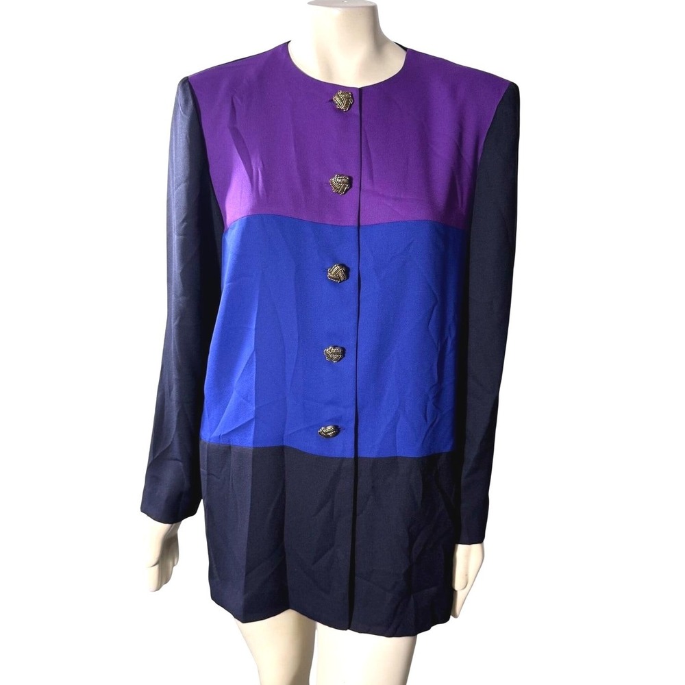 Vintage 90s Leslie Fay Colorblock Tunic Blouse Women 16 Purple Blue Gold Buttons